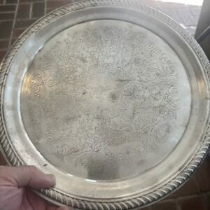 F.B. Rogers 2361 silver plated round serving tray etched/pierced raised 12.5 Inc